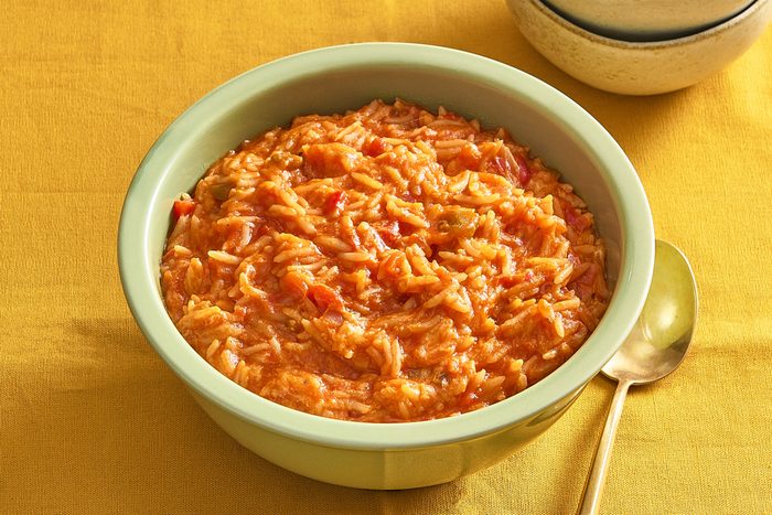 Angled shot of a bowl full of salsa rice