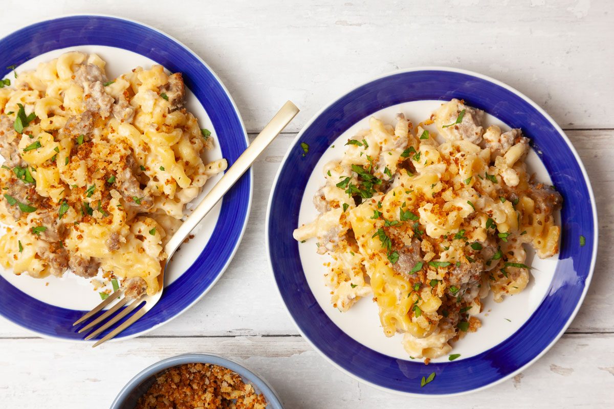 Two single servings of Taste of Home Sausage Mac and Cheese