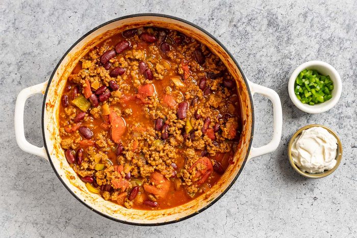 Taste of Home Spicy Chili Recipe photo of all the ingredients simmered in the Dutch oven.