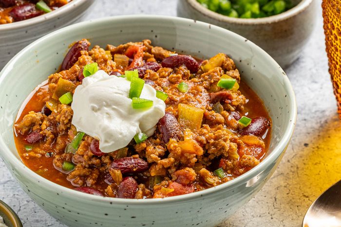 Taste of Home Spicy Chili Recipe photo of all the finished recipe served into bowls.