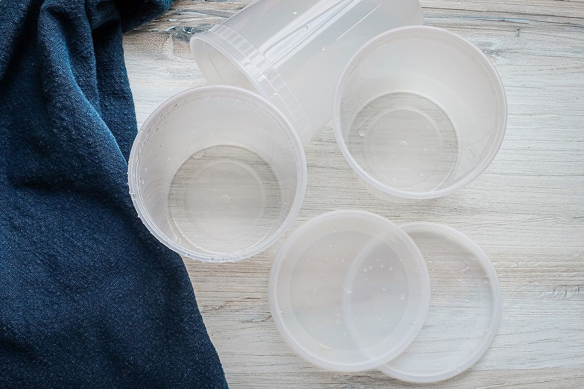 Several 1-quart containers for homemade tomato juice.