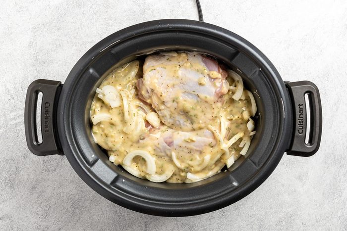 all the ingredients, minus the sour cream, added to the crockpot.