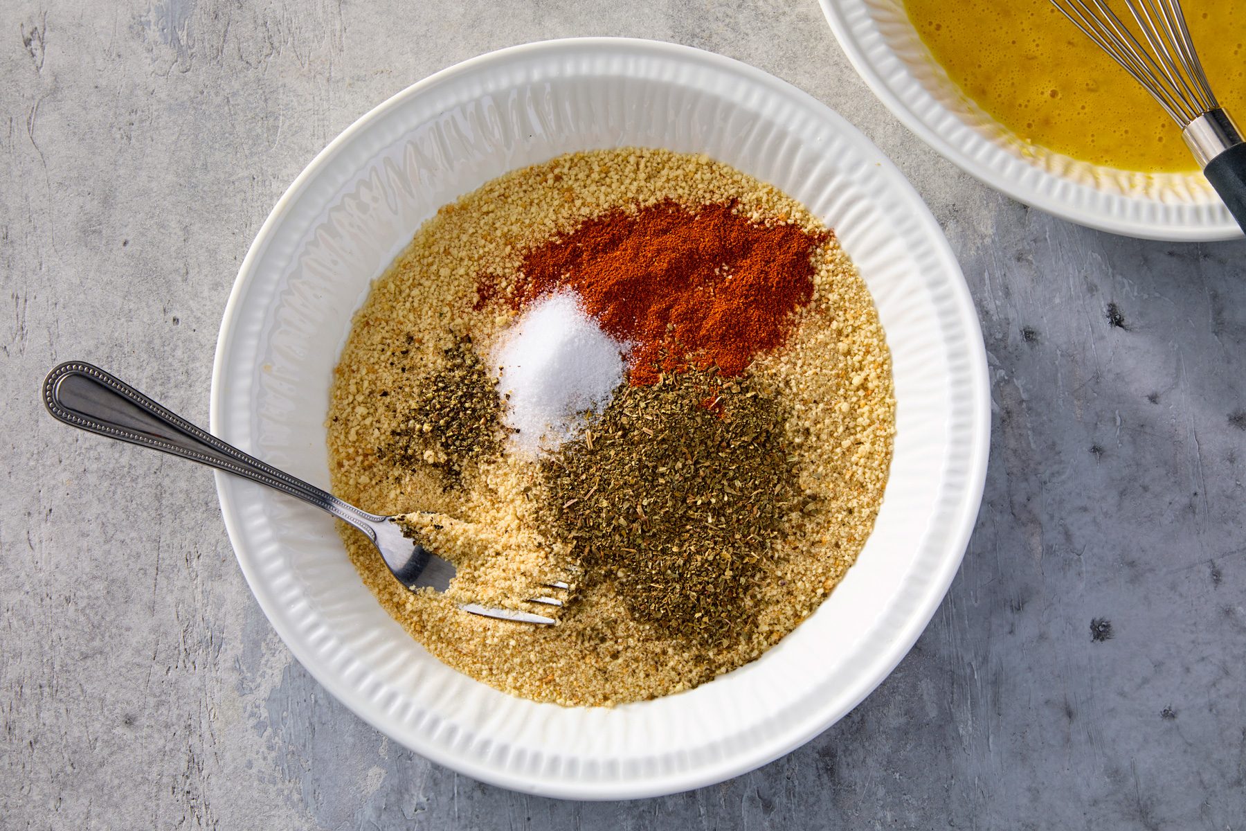 In another shallow bowl, toss bread crumbs with seasonings.