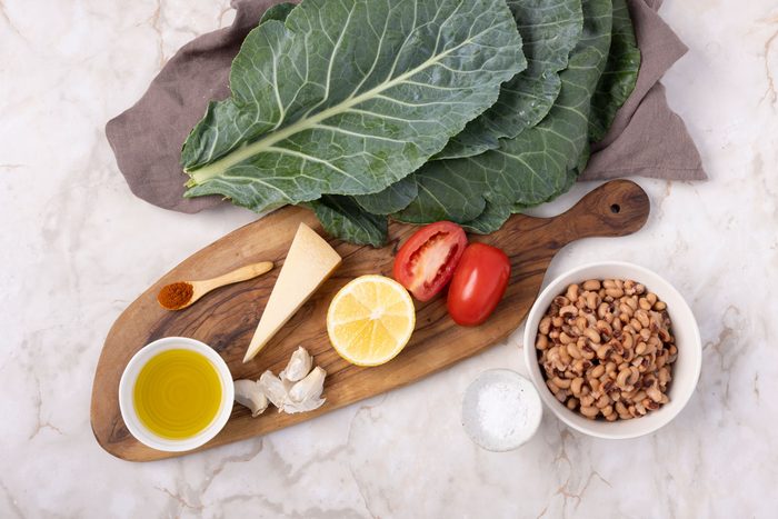 Ingredient shot of Black-Eyed Peas and Collard Greens