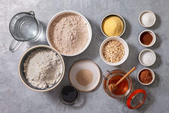 Overhead shot of all ingredients; grey surface;