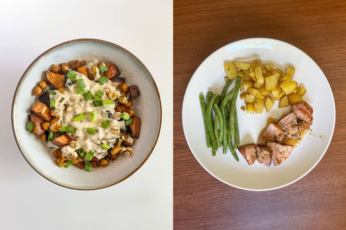Shwarma chickpea bowl and plated honey thyme pork.