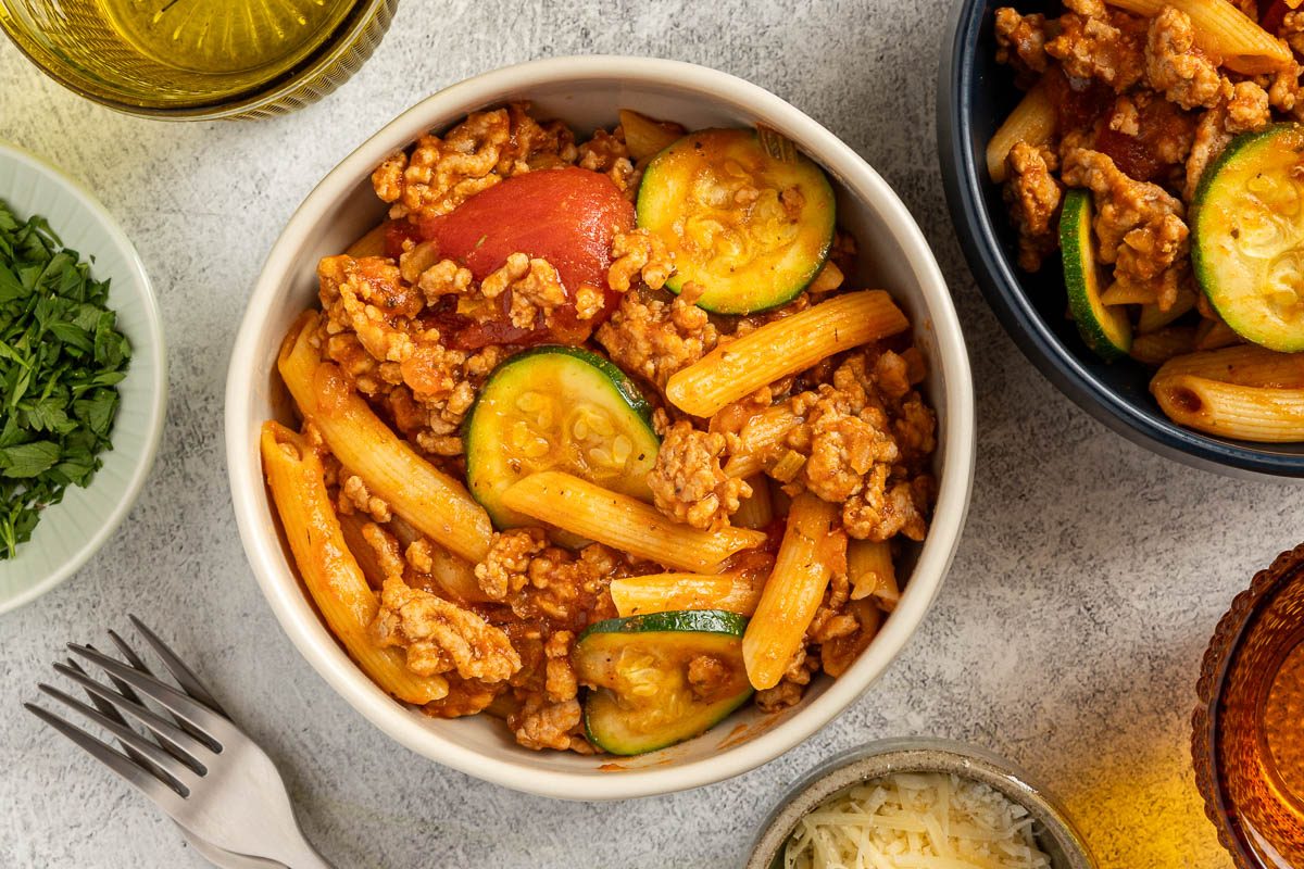 Taste of Home Ground Pork Pasta recipe photo of finished recipe served into bowls.