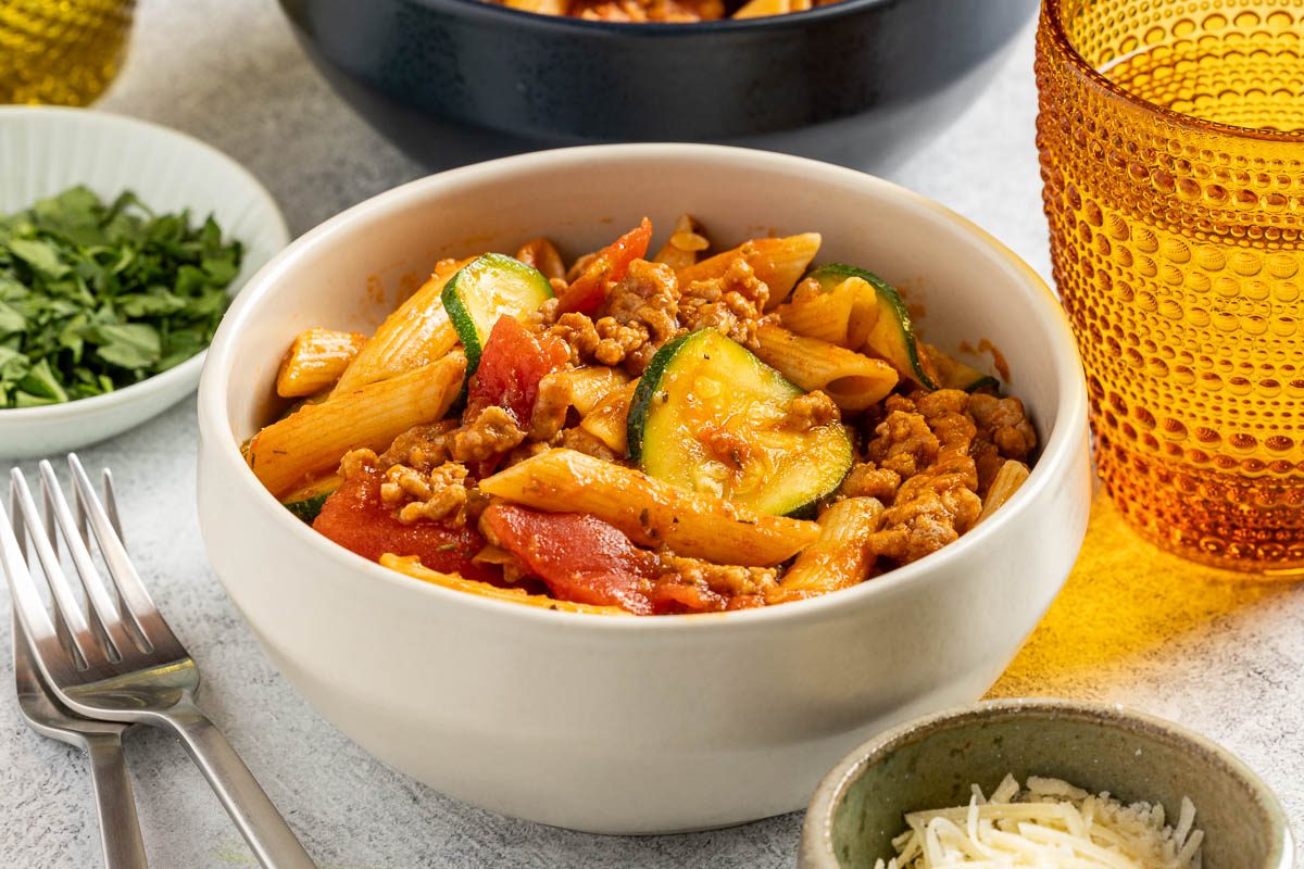 Taste of Home Ground Pork Pasta recipe photo of finished recipe served into bowls.