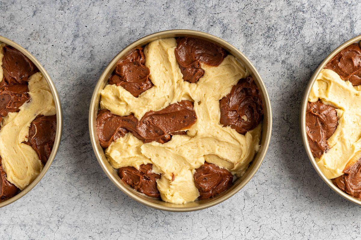 Taste of Home Marble Cake photo of the marble batter in the cake pans.