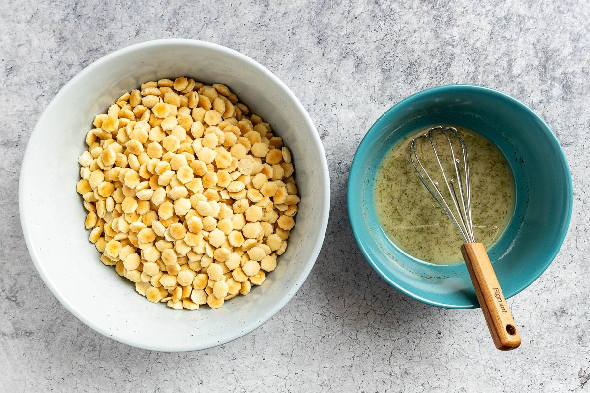 Taste of Home Oyster Cracker Snack photo of all the ingredients combined in a bowl.