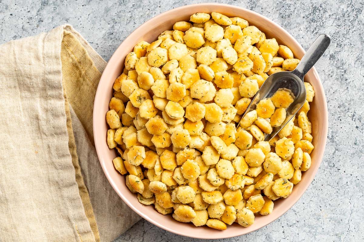 Taste of Home Oyster Cracker Snack photo of the finished recipe served in a bowl.
