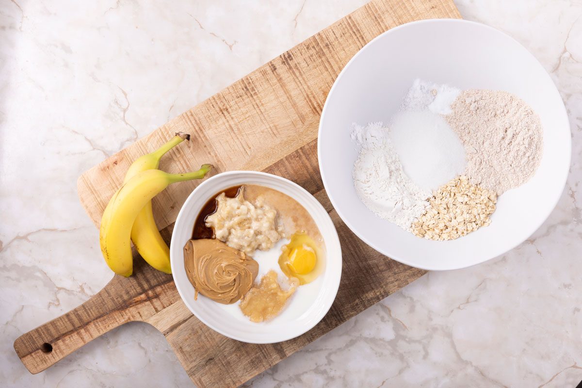 Step 1 of Taste of Home Peanut Butter Banana Muffins
