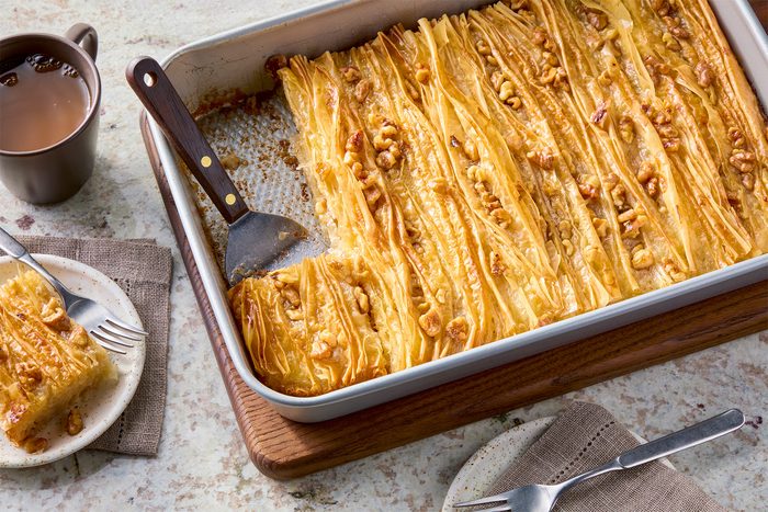 3/4th shot of phyllo crinkle cake in a baking dish