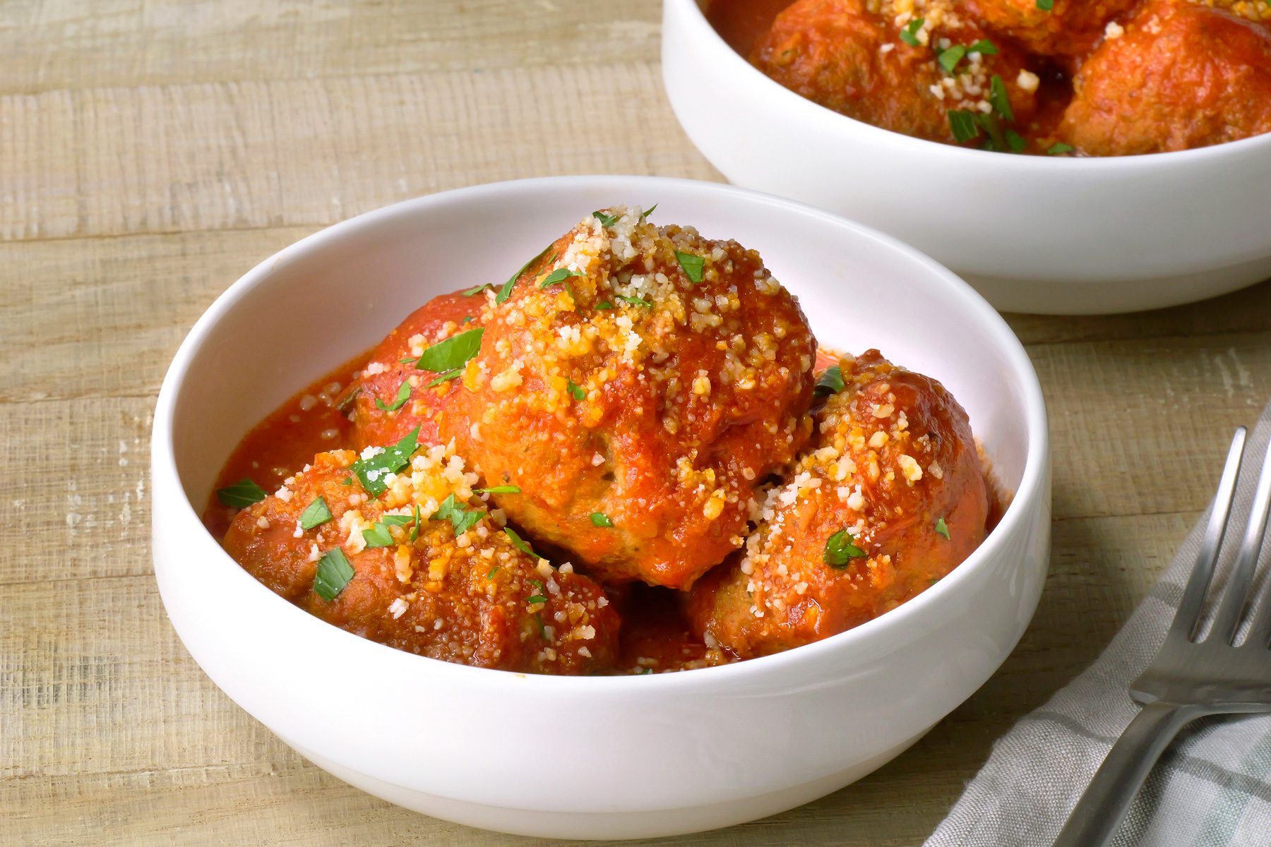 Close-up of Polpette di Mamma (Italian meatballs).
