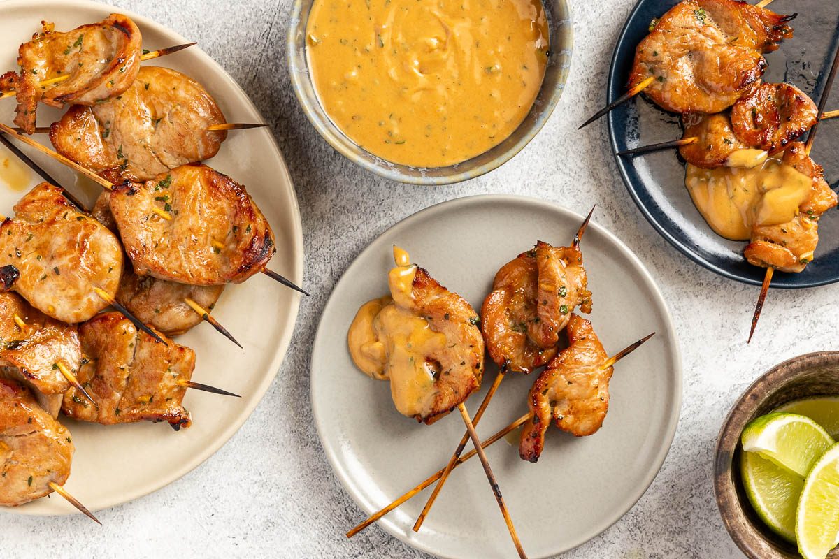 Taste of Home Pork Satay recipe photo of the finished recipe served on plates.