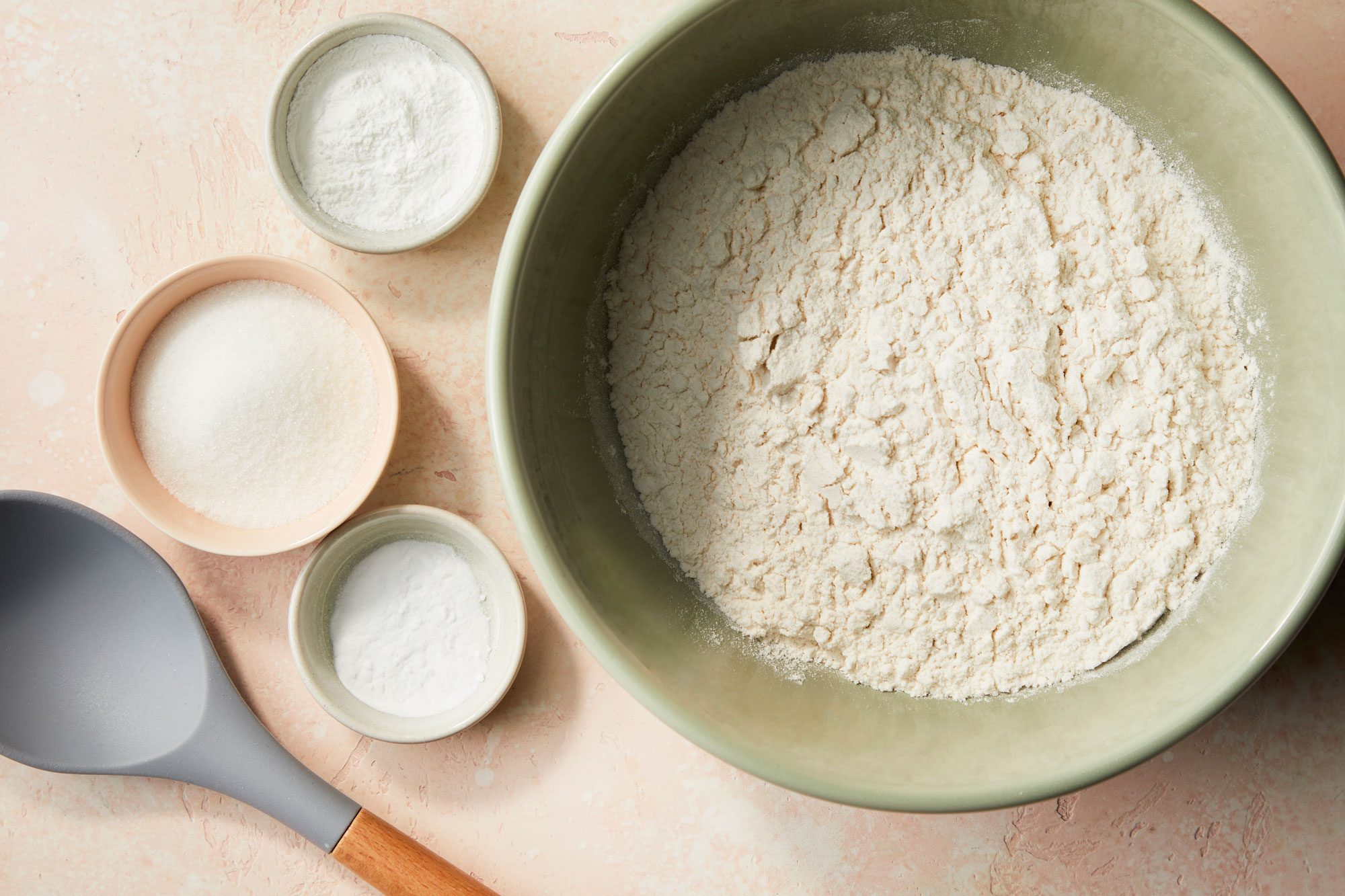 In a large bowl, combine the flour, sugar, baking powder and soda, and salt