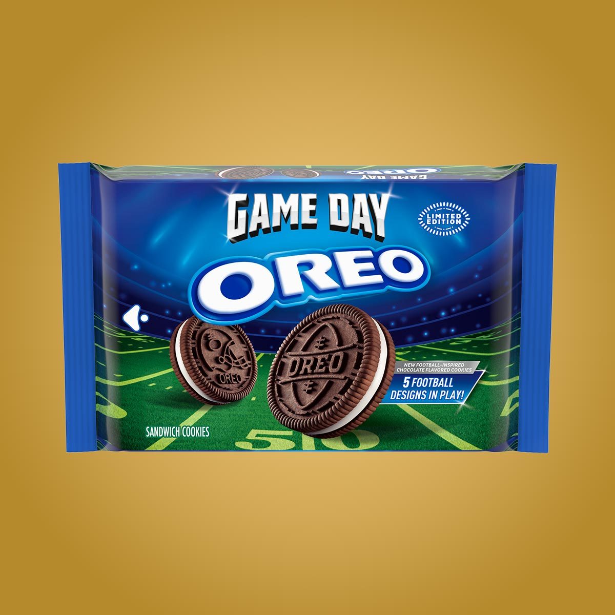 A package of Game Day Oreos on a yellow background
