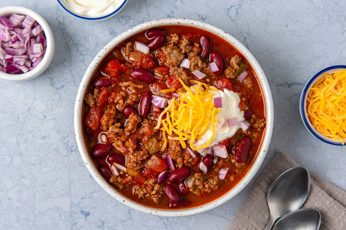 overhead shot of Slow-Cooked Chunky Chili;