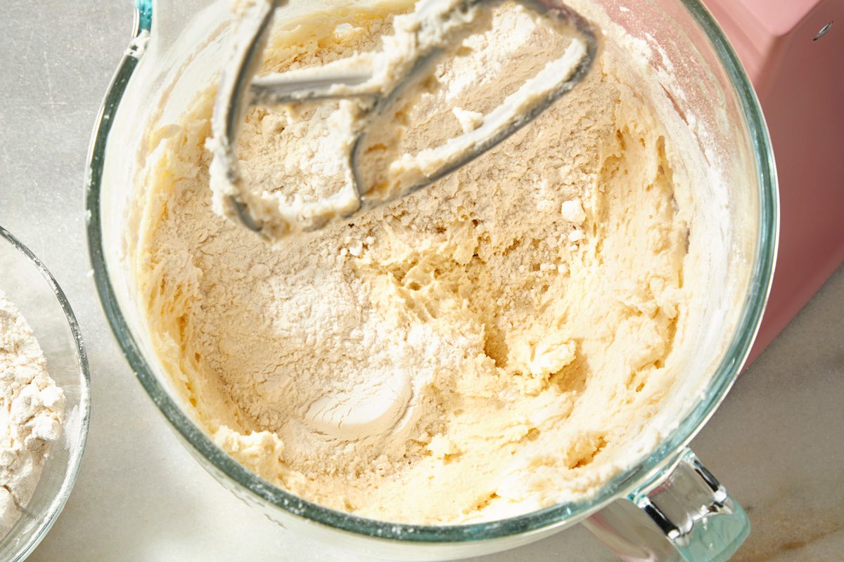 flour added to butter, sugar and vanilla mixture