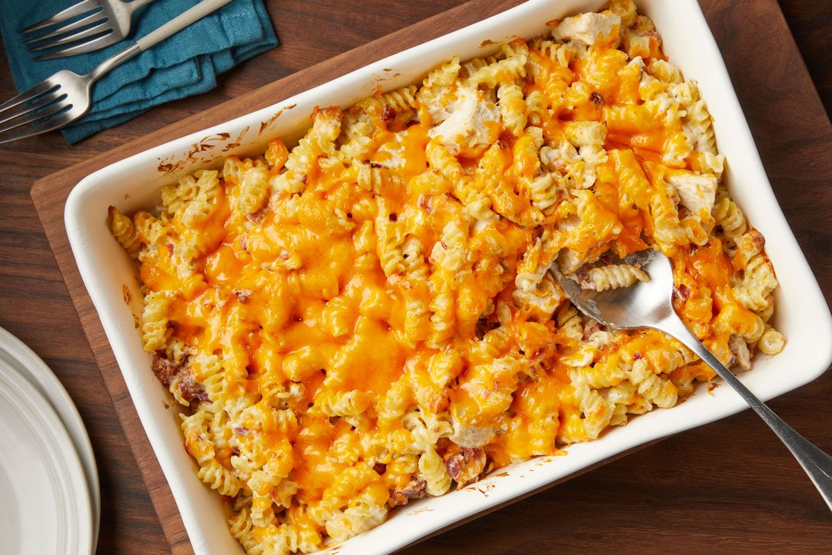 overhead shot of Chicken Bacon Ranch Casserole