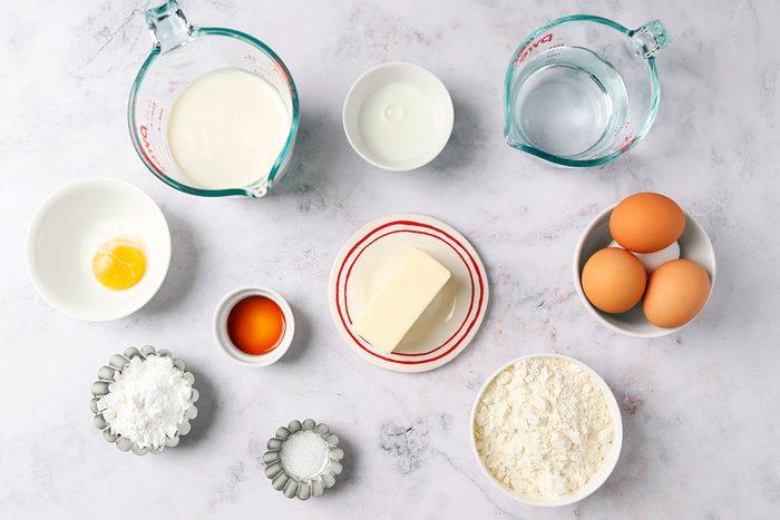 butter, salt, flour, eggs, egg wash, whipped cream and water.