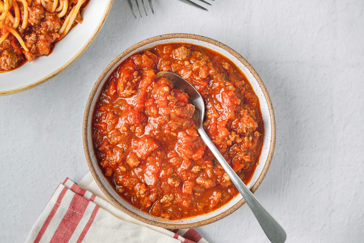 overhead shot of Spaghetti Sauce in a bowl