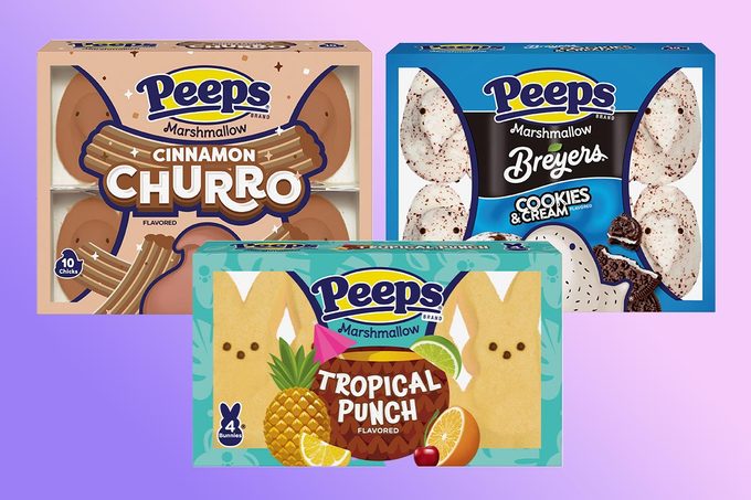Peeps cinnamon churro, Peeps Breyer's cookies and cream, and Peeps Tropical Punch packages on a purple background