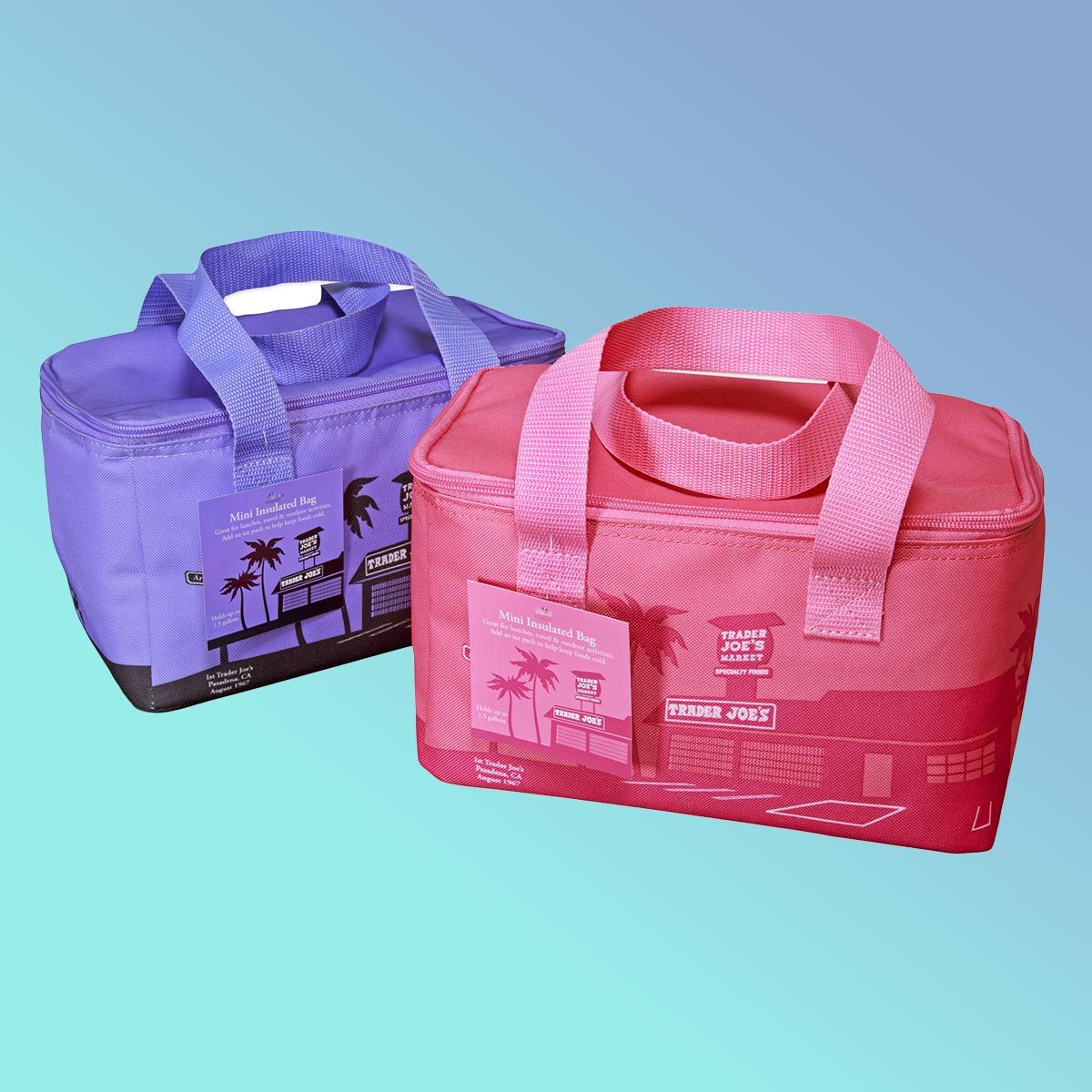Purple and pink trader joe's cooler bags on a blue background