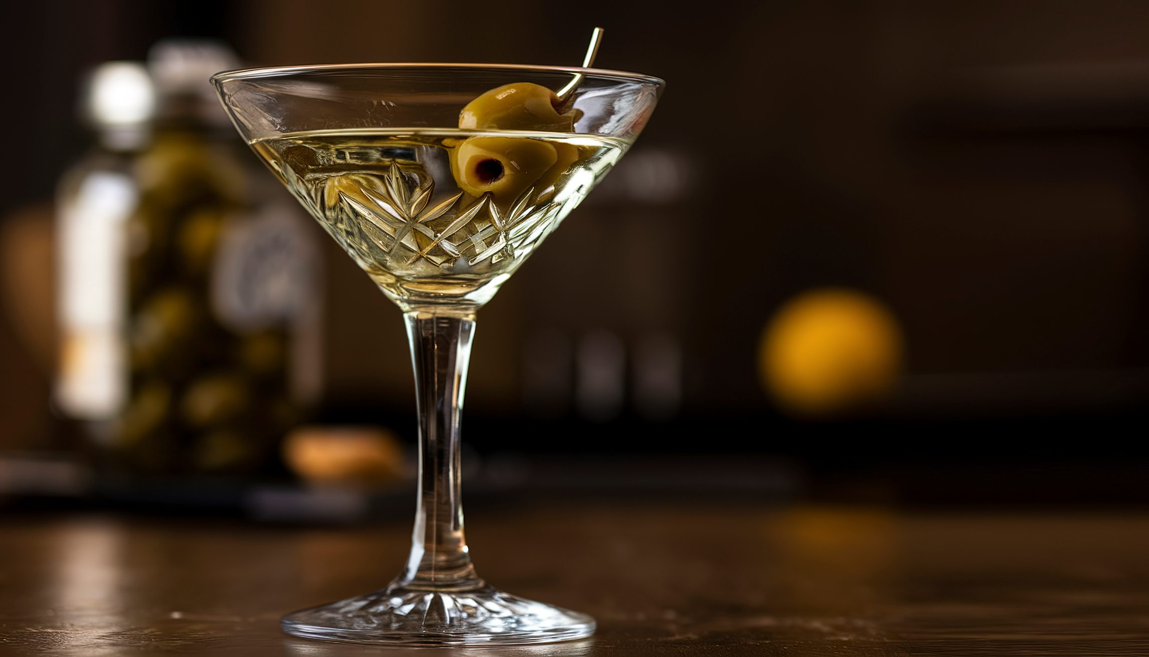 Yellow-tinged martini in a crystal glass with an olive, sitting on a dark bar