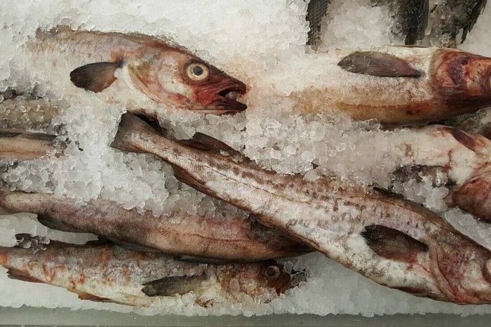 Alsaka frozen pollack fish on crushed ice