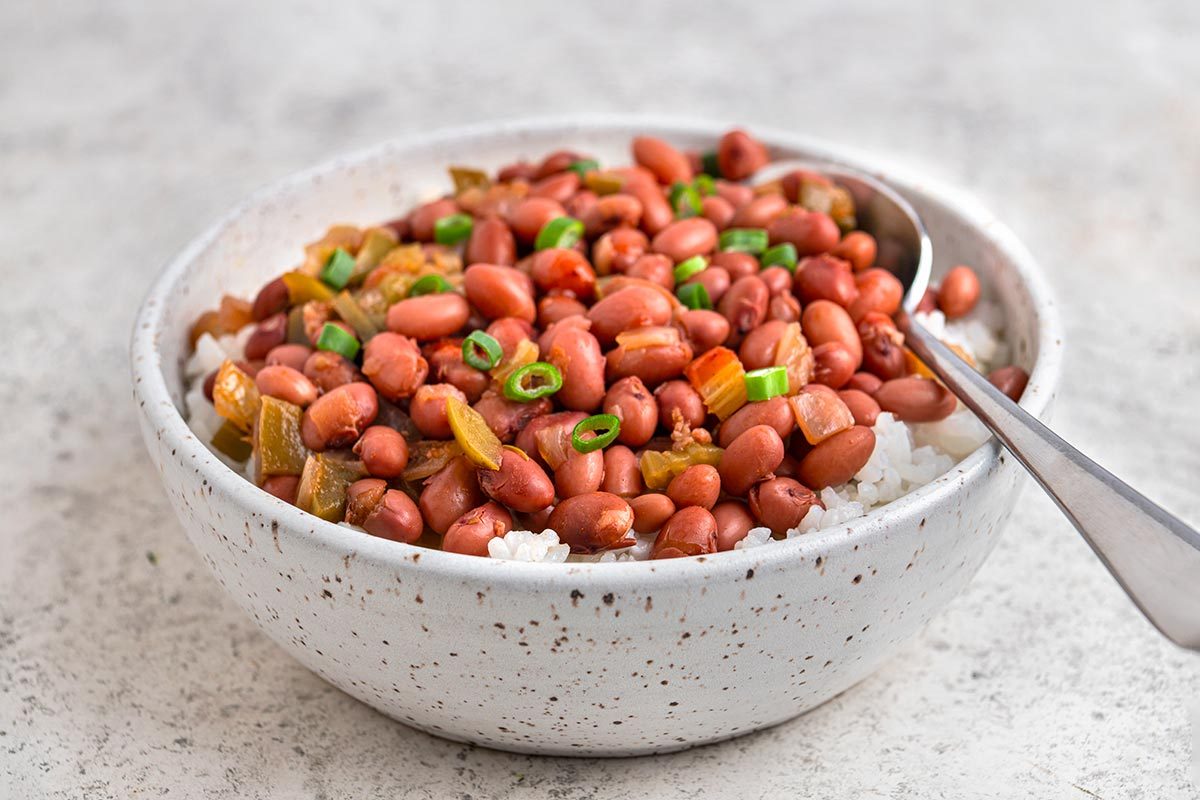 Red Beans & Rice garnished with spring onion and ready to serve
