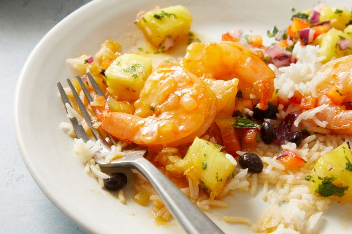 Close up shot of Spicy Sweet Shrimp With Pineapple Salsa