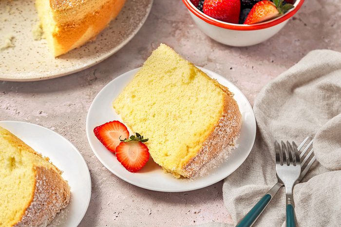 A piece of chiffon cake in a plate, ready to serve