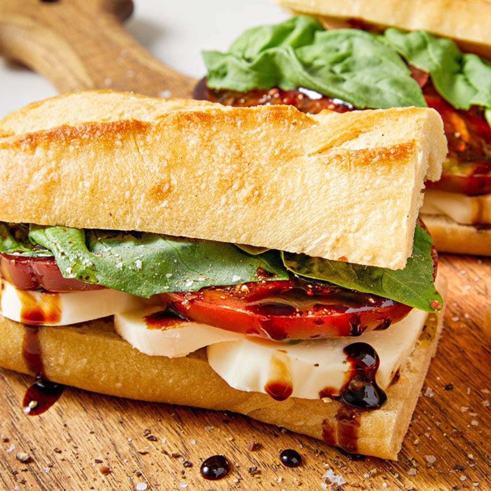 Caprese Sandwich on a wooden board