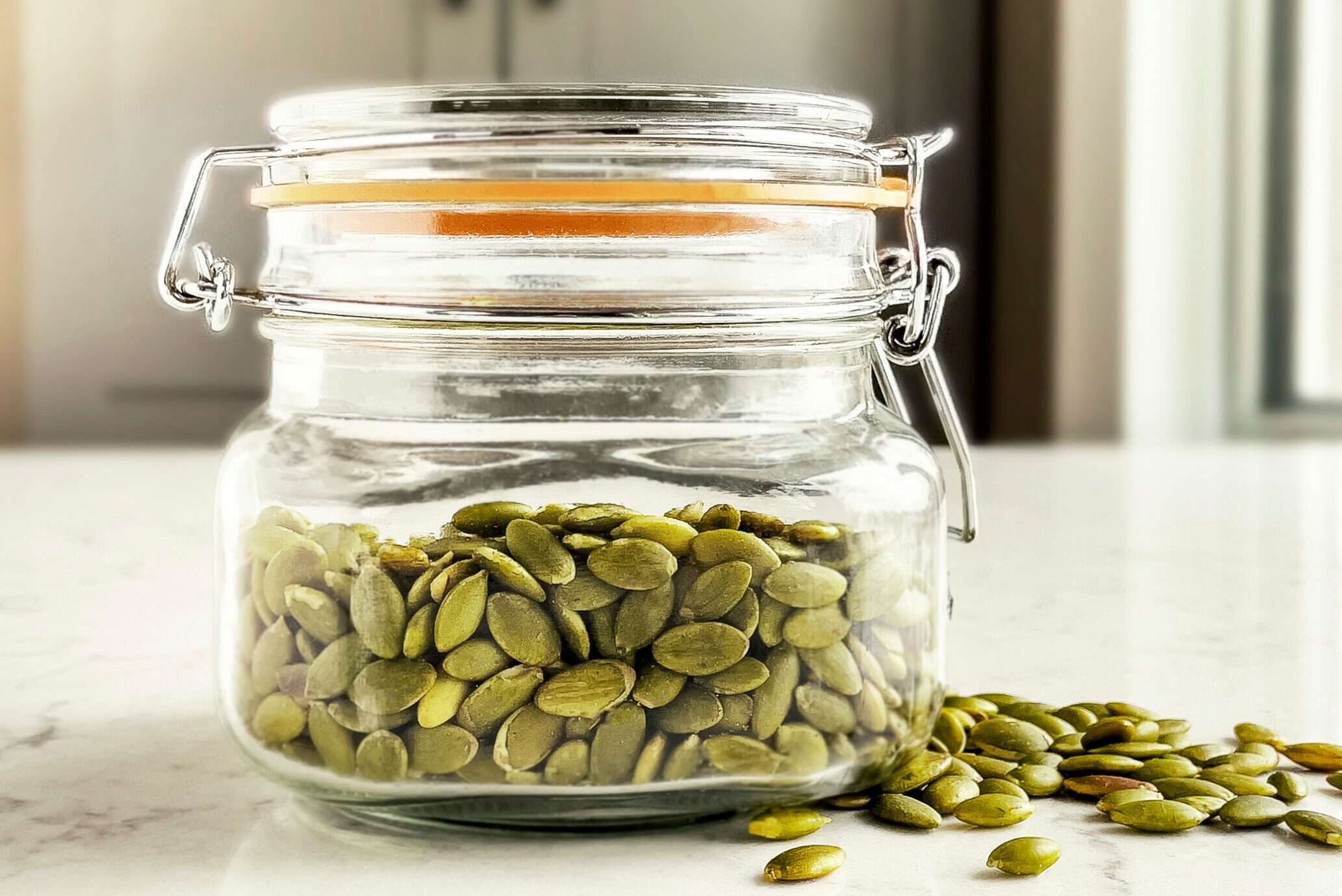Jar of pumpkin seeds on the kitchen table