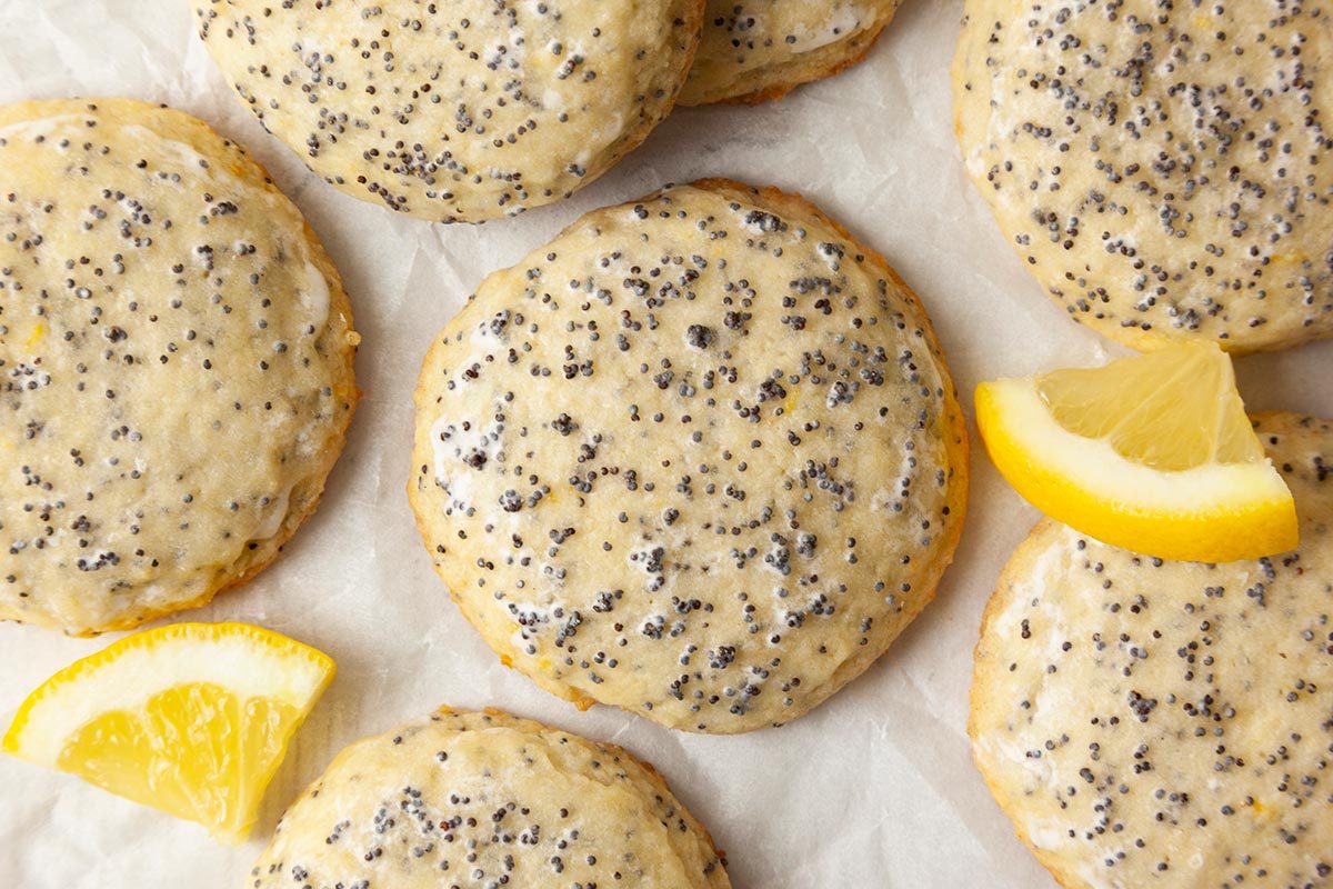 Several round cookies topped with poppy seeds