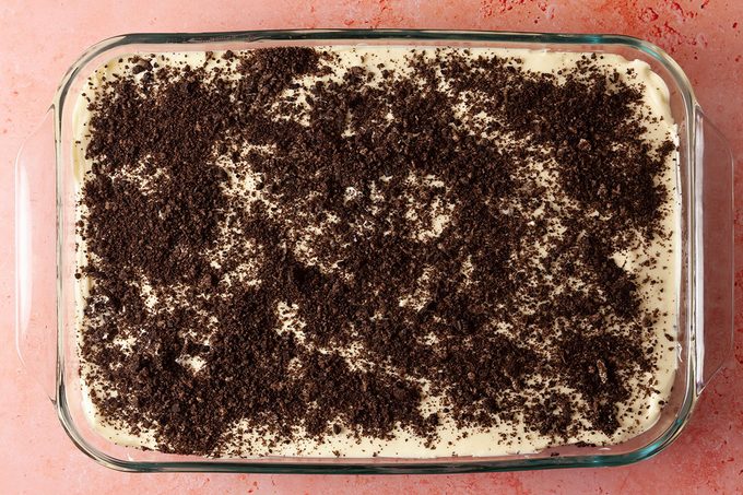 Birds eye view of dirt cake with no toppings but crushed oreos