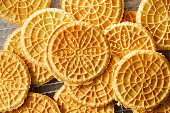 overhead shot of Pizzelle Cookies on wire rack