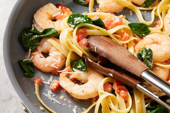 Close up shot of Spinach Shrimp Fettuccine