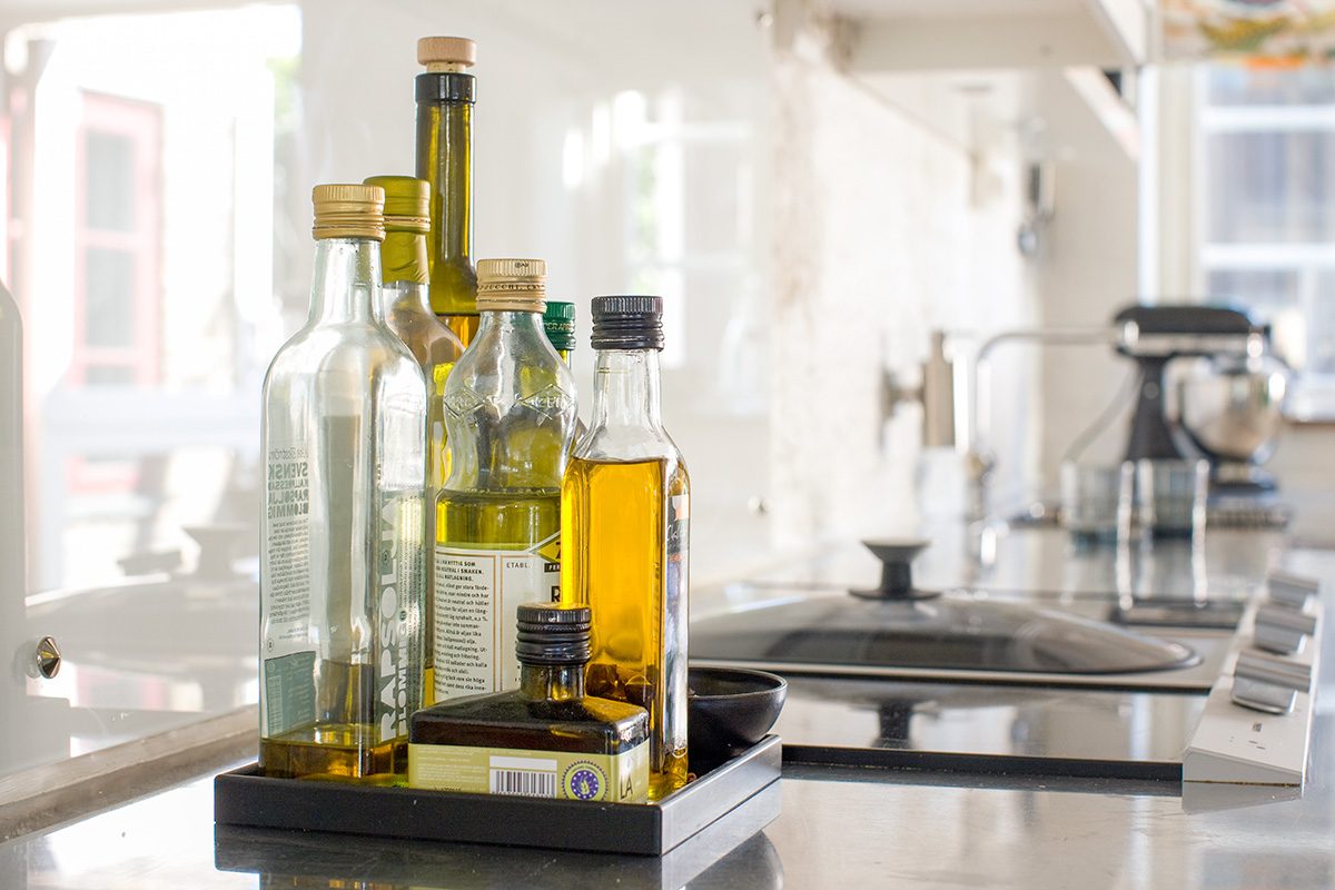 Bottles on kitchen worktop, close-up