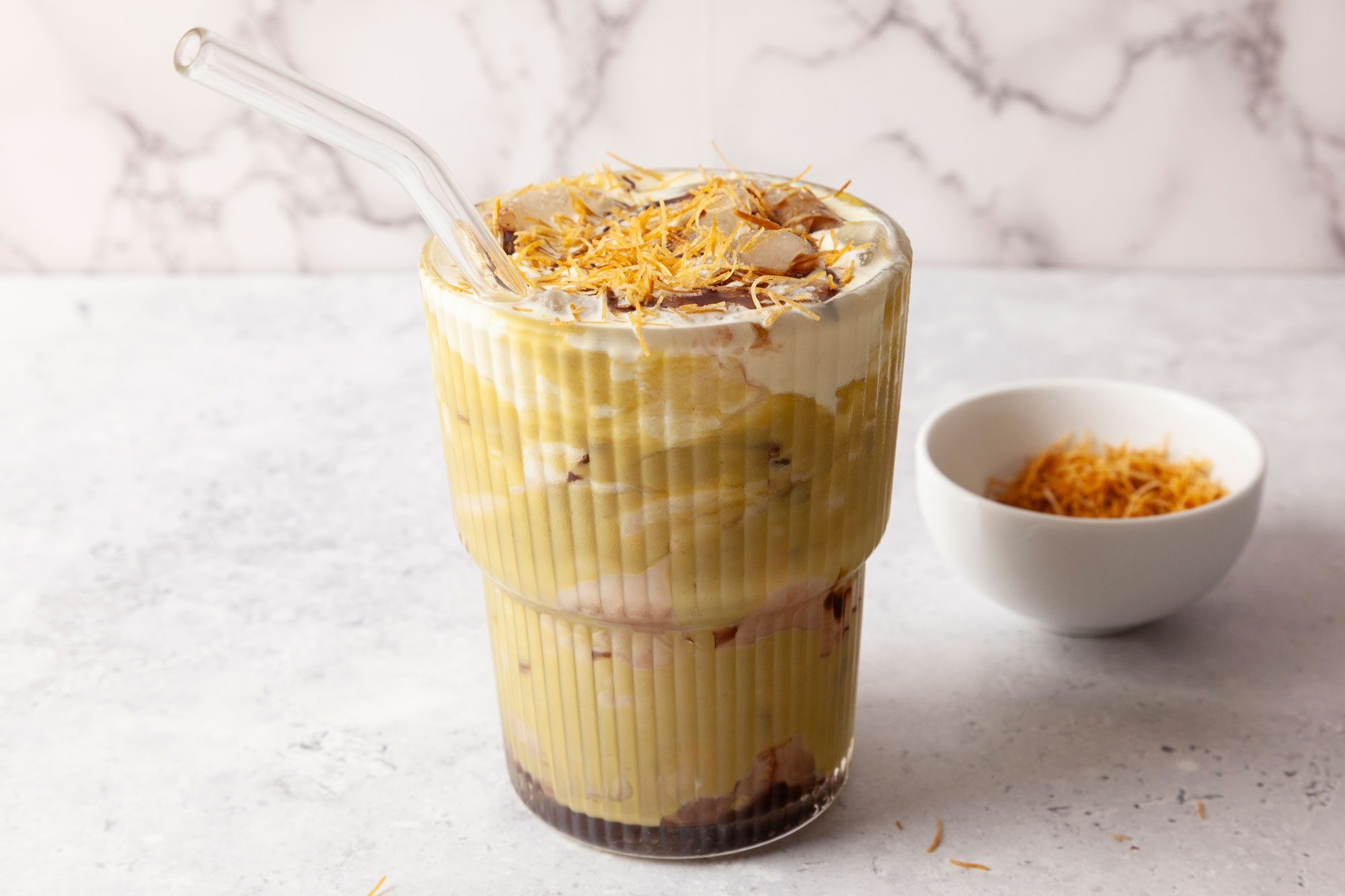 Dubai Chocolate Latte is ready and served in a glass