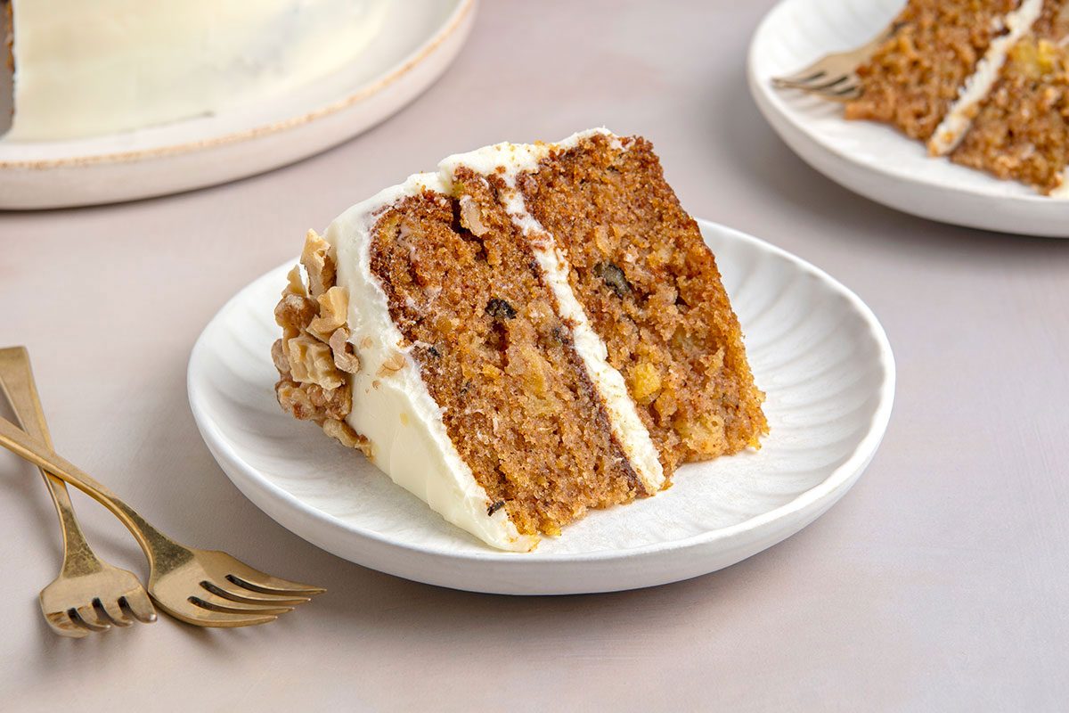 Pineapple carrot cake slice served on a plate
