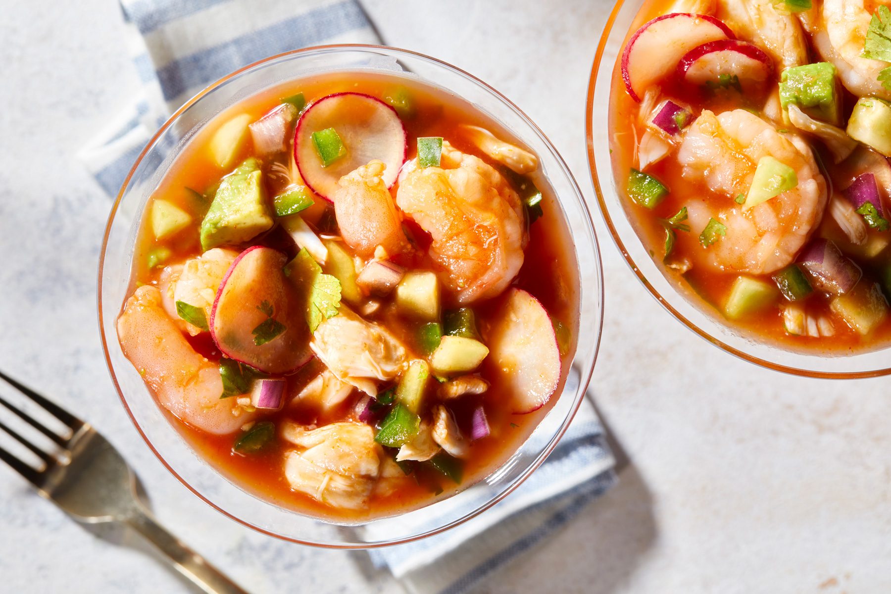 Overhead shot of Shrimp and Crab Cocktail;