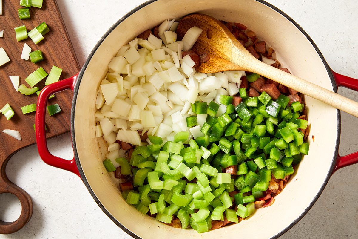 Add onion, bell pepper and celery; cook