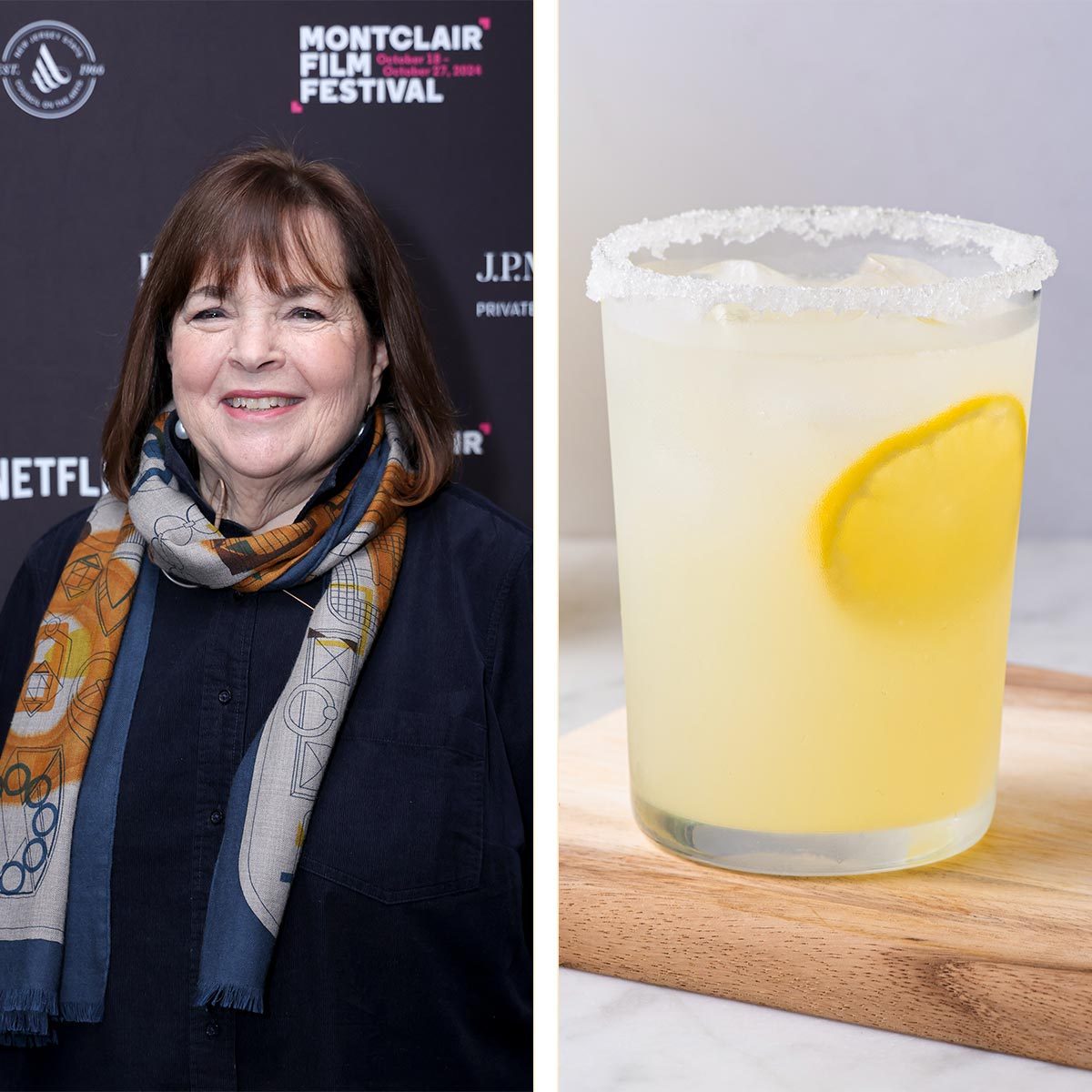 Side by side images of Ina Garten (left) and a yellow limoncello spritz in a glass with a lemon wedge and a salted rim on the right