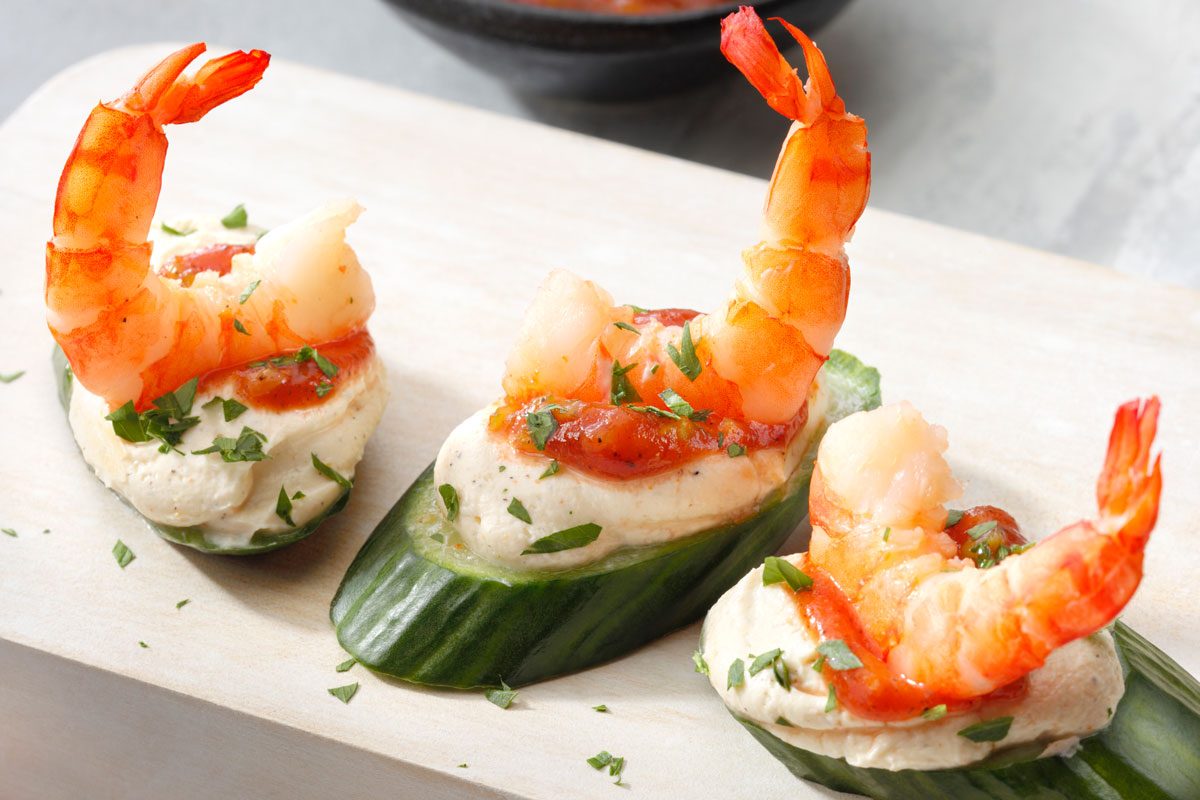close-up shot of Shrimp And Cucumber Canapes