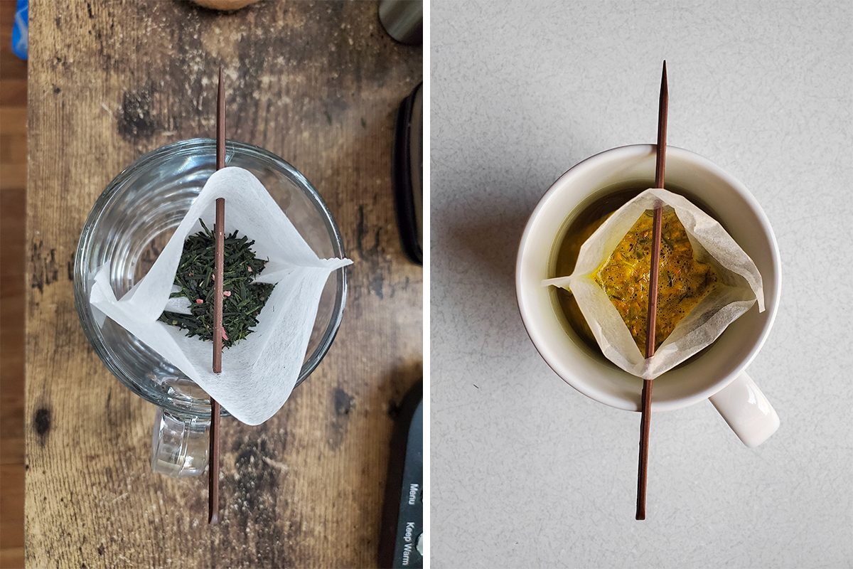 Two side-by-side images show a DIY tea infuser: a paper filter holding loose tea leaves, suspended over mugs by a stick, before and after brewing. The left mug is dry with leaves; the right mug is filled with brewed tea.