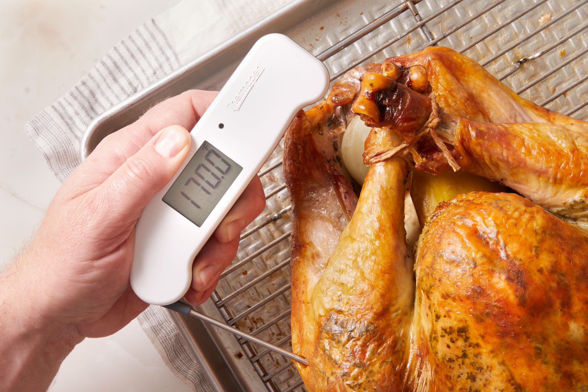 Roast, uncovered, until a thermometer inserted in thickest part of thigh reads 170°-175°