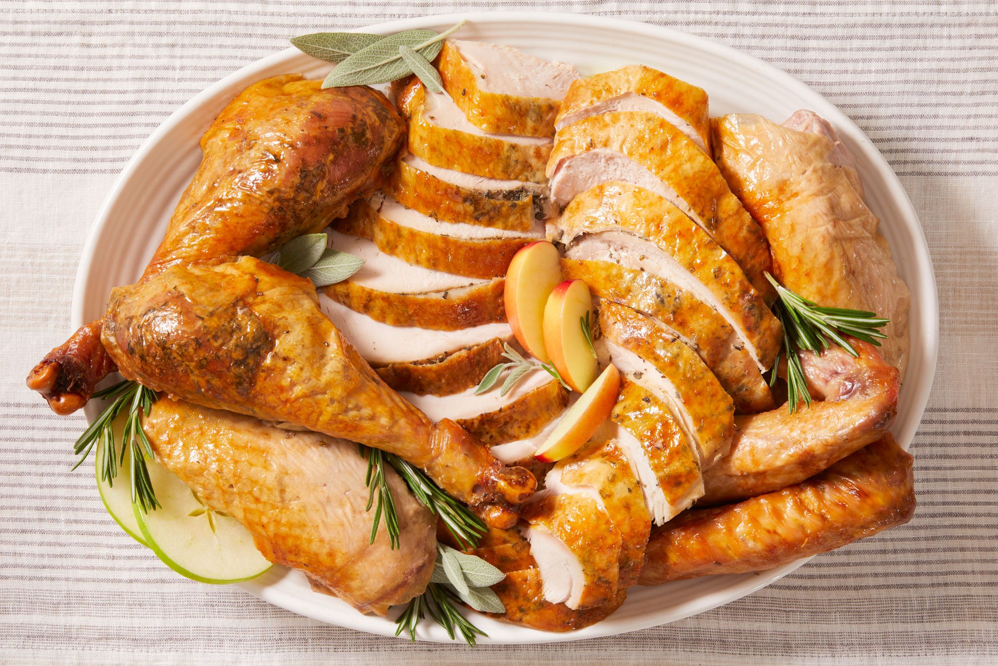 High angle shot of Apple & Herb Roasted Turkey; Sliced