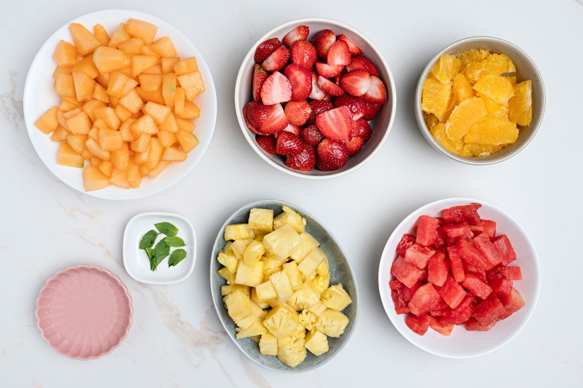 Overhead shot of chopped fruits on the counter
